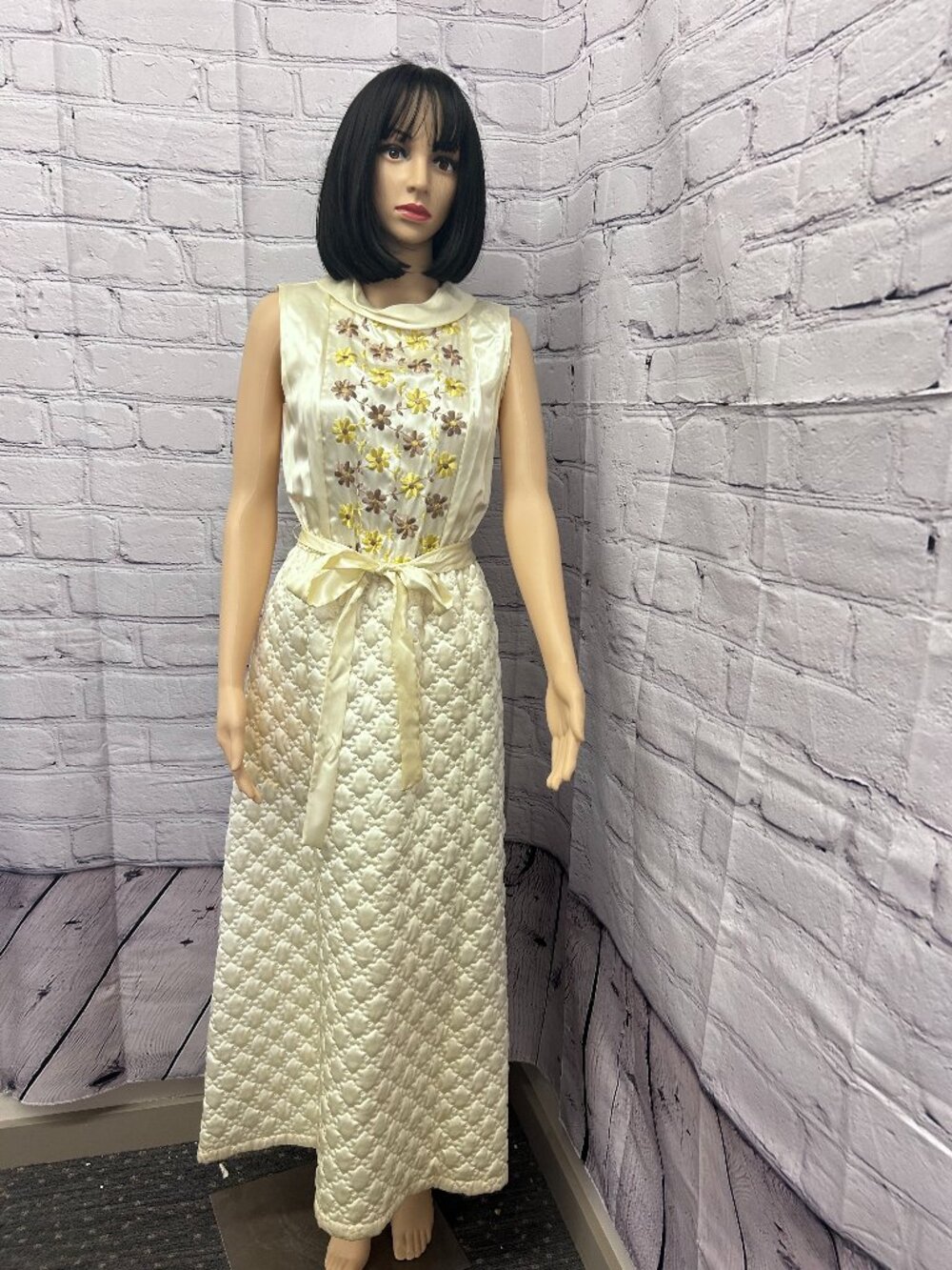 Vintage 1970's Quilted Satin Formal Dress with Embroidered Flowers